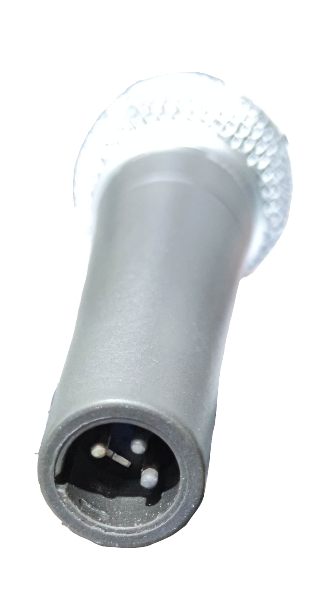 Himel silver microphone with microphone holder featuring a textured white grip on black background