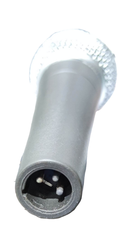 Himel silver microphone with microphone holder featuring a textured white grip on black background