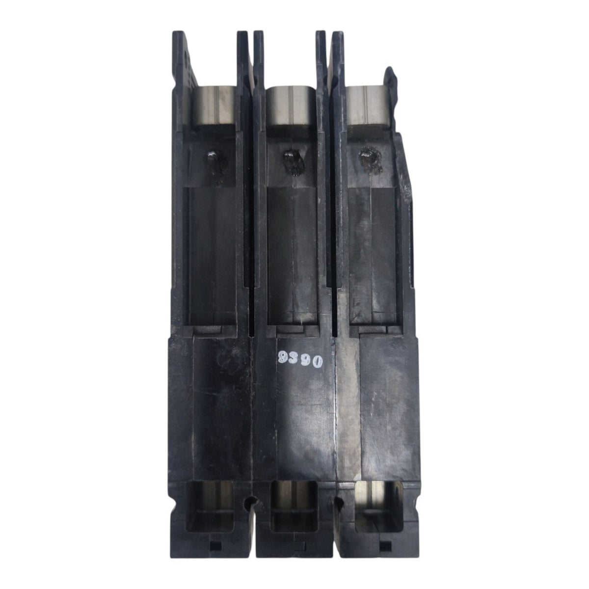 A three-pole black plastic electrical contactor or relay component with silver metal contacts at the top, shown against a plain white background.