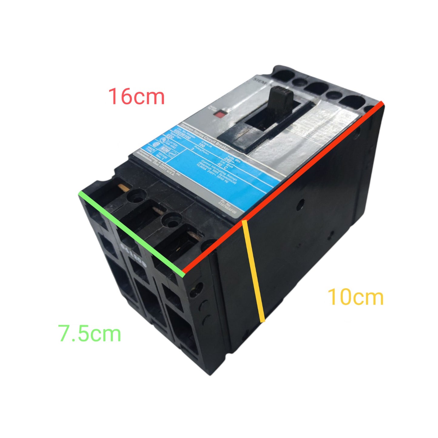 A black electrical contactor or relay component on a white background with overlaid dimension lines and text showing 16cm, 10cm, and 7.5cm measurements.