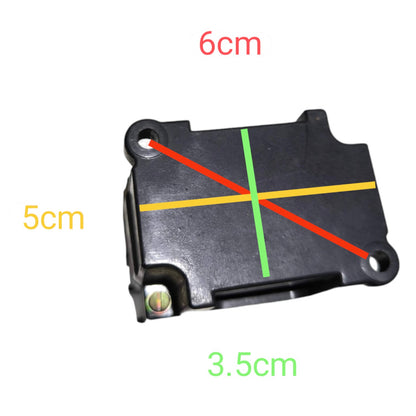A black plastic rectangular component with mounting holes, shown on a white background with overlaid dimension labels and colored measurement lines indicating 6 cm, 5 cm, 3.5 cm, and a green cross intersection.