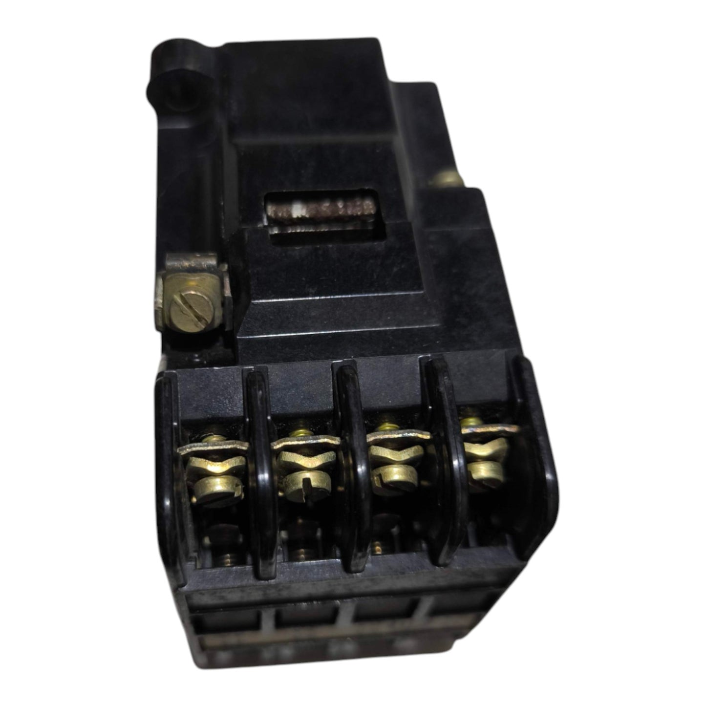 A black plastic electrical terminal block connector with four gold-colored screw terminals, shown on a plain white background.