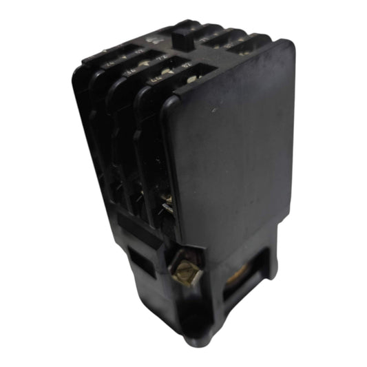 A black plastic electrical relay component with multiple terminal posts on one side, shown on a plain white background.