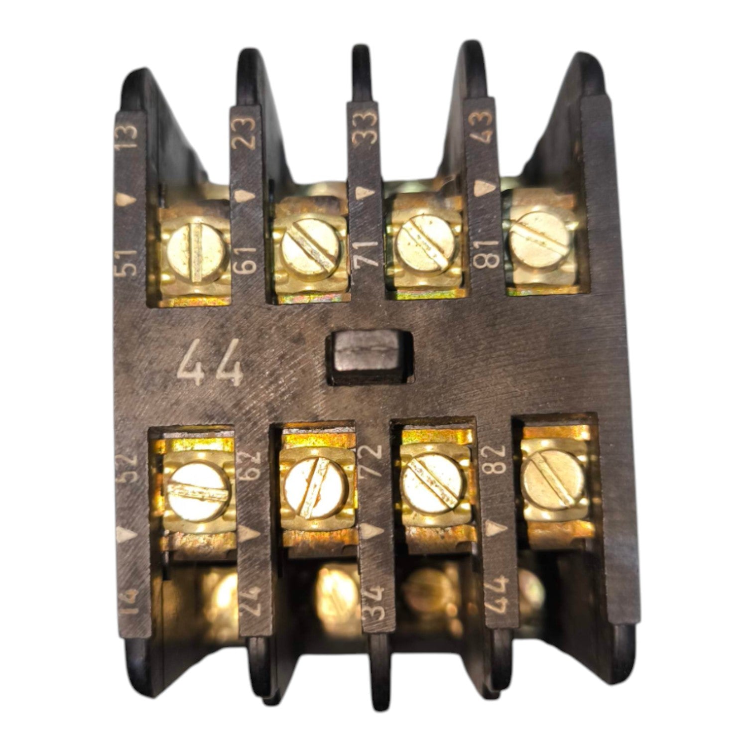 A black plastic and metal electrical terminal block connector with gold-colored screw terminals and printed terminal numbers, isolated on a white background.