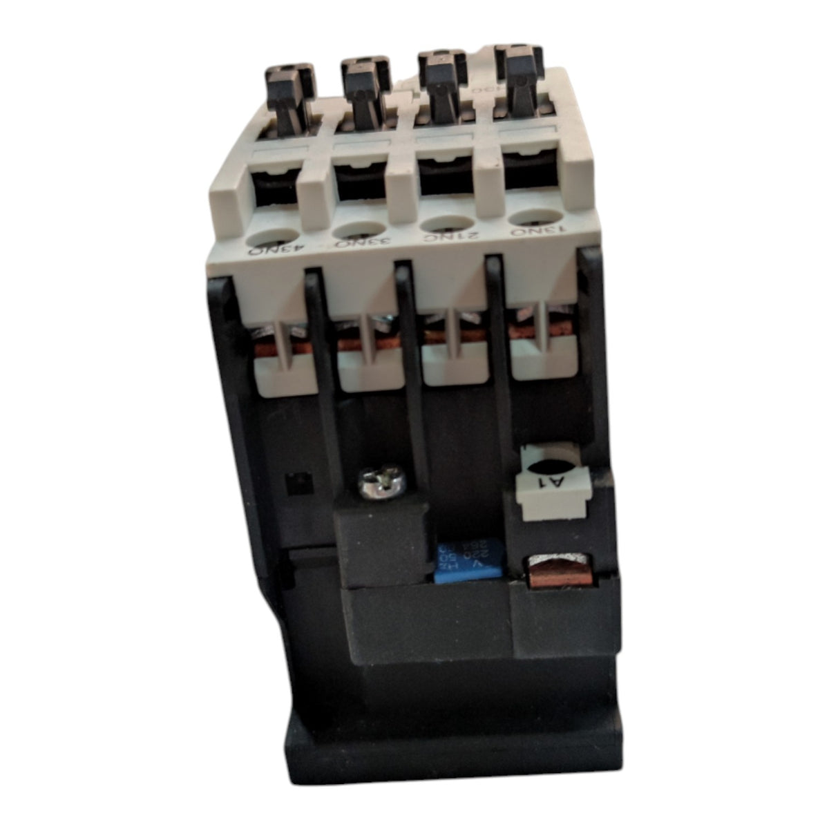 A 4-contact thermal overload relay electrical component with a black plastic body and a light gray terminal housing, shown on a plain white background.