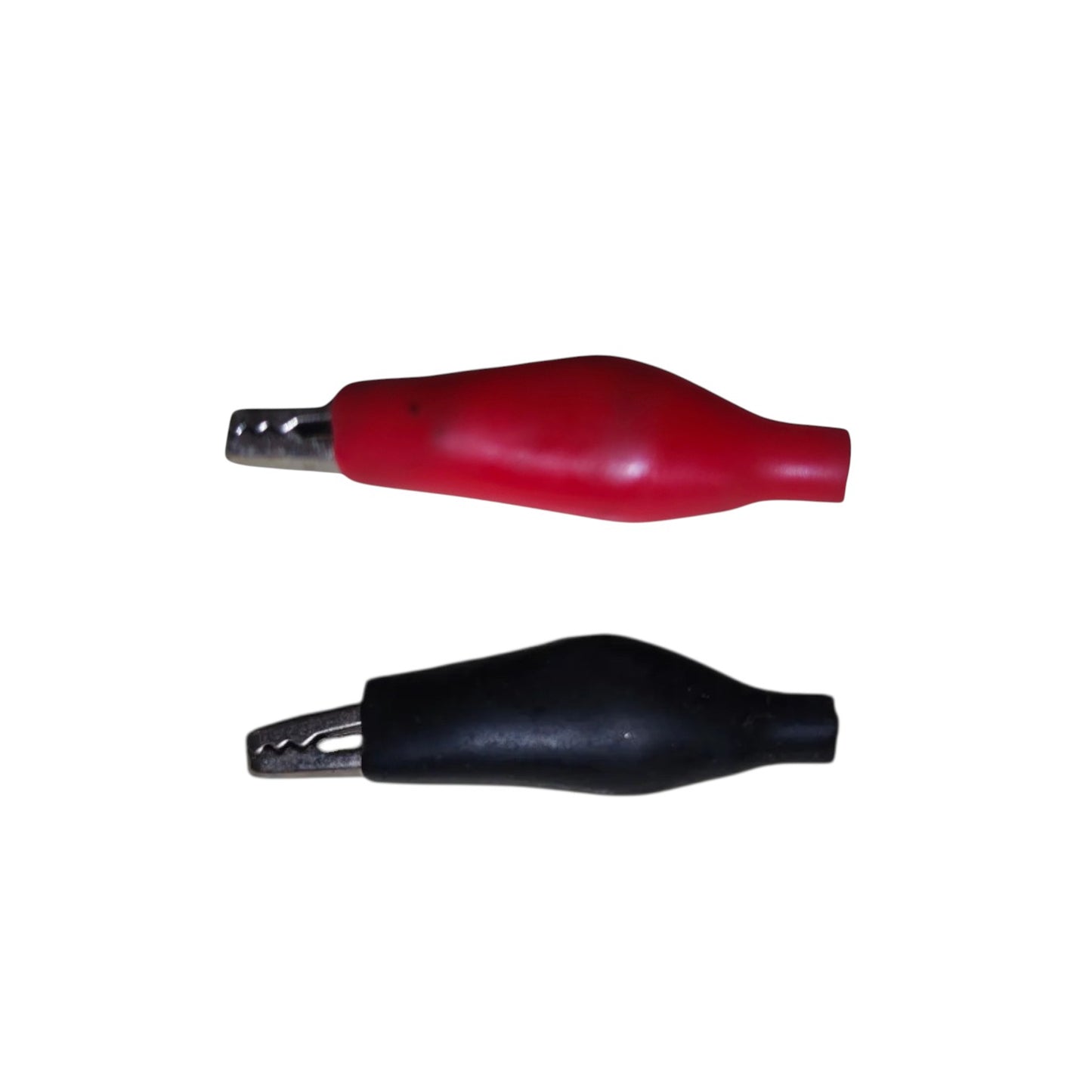Two alligator clip leads for electrical testing, one red and one black, with metal spring clamps at the ends, shown on a plain white background.