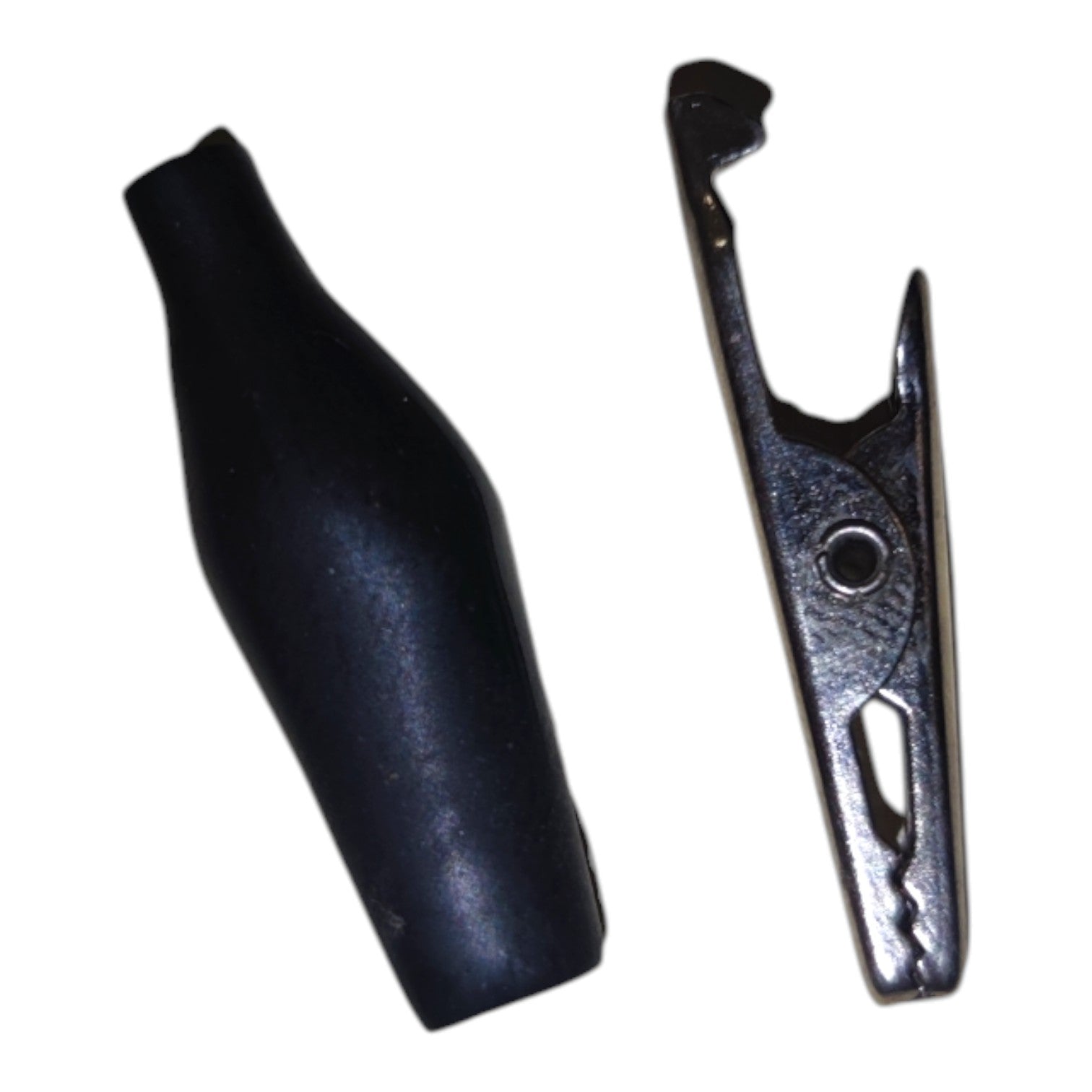 A black rubber alligator clip shown next to its silver metal spring-loaded counterpart on a plain white background.