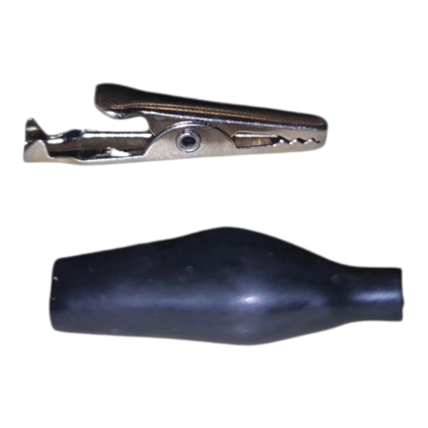 A silver metal alligator clip shown above a black rubber boot or protective sleeve, isolated on a white background.