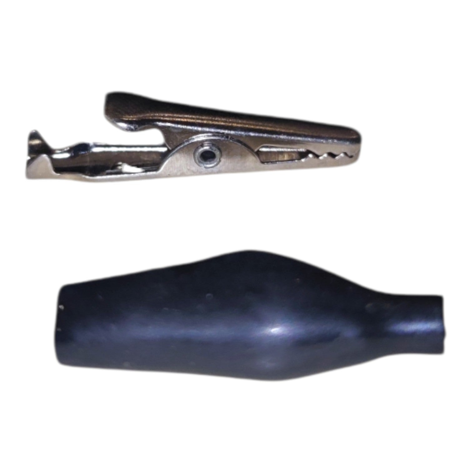 A silver metal alligator clip shown above a black rubber boot or protective sleeve, isolated on a white background.