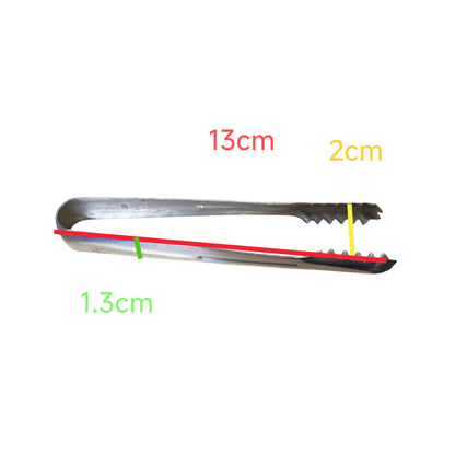 Metallic tongs with measurements indicated on a white background