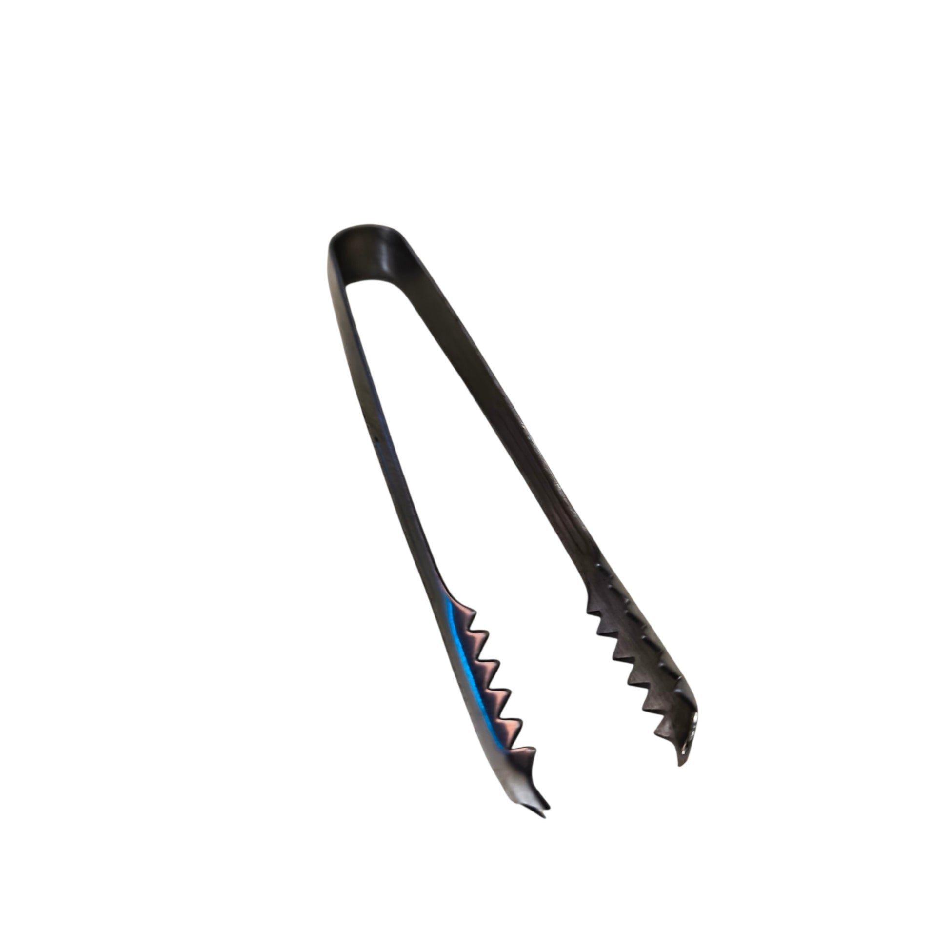 Black metal tongs with a blue accent on a white background