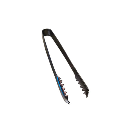 Black metal tongs with a blue accent on a white background