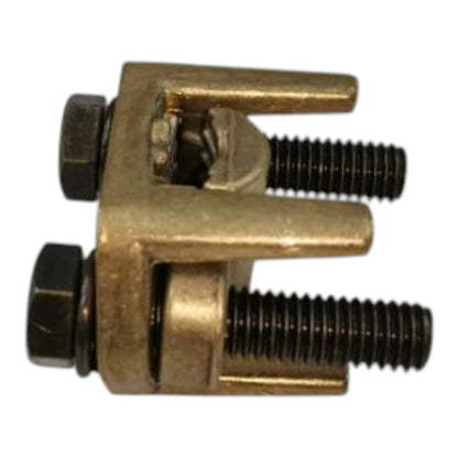Brass mechanical component with threaded rods on a white background Solderless Connector Double Bolt 200mm - 250mm Wire Size Copper 350-500MCM Electx Electrical Supply