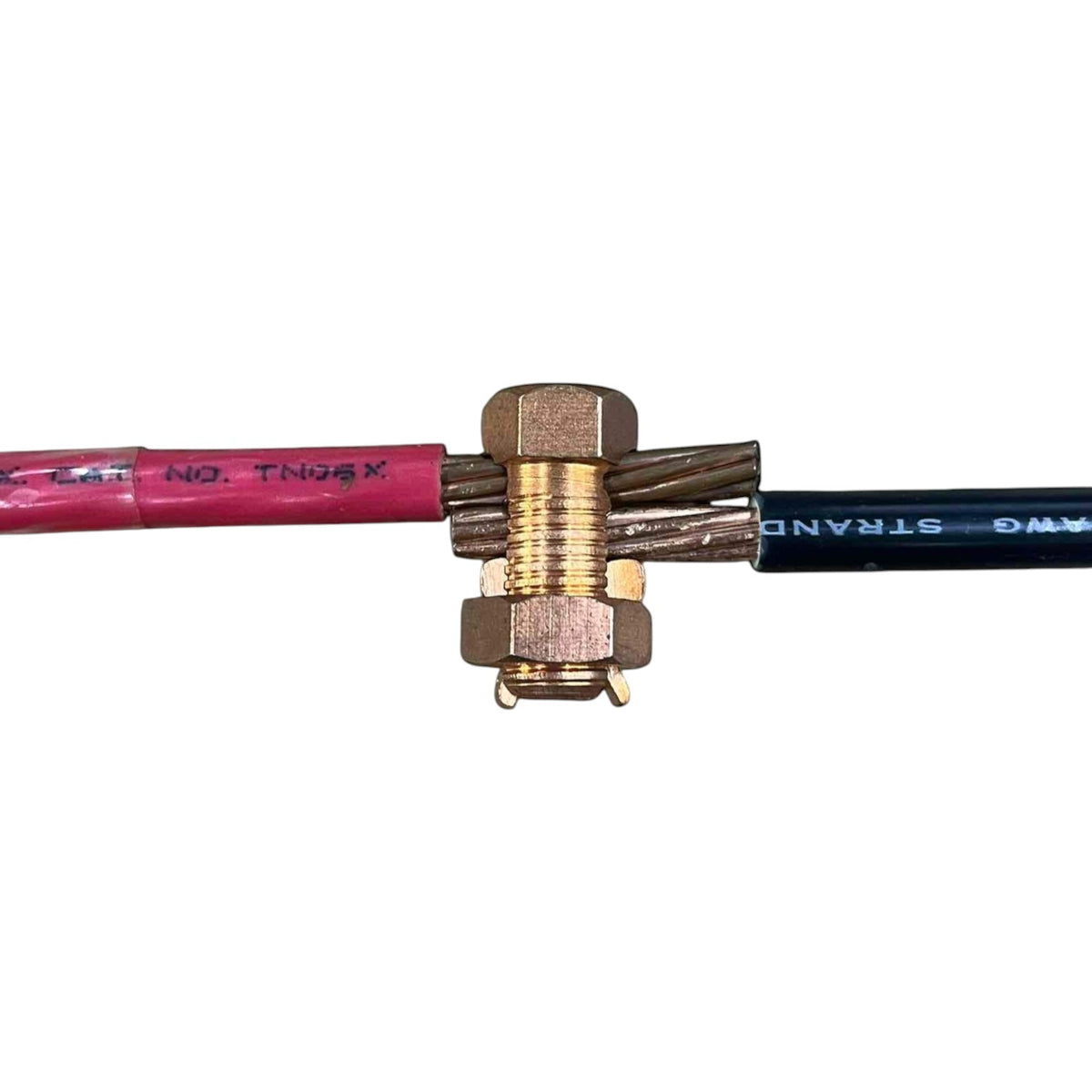 Brass cable connector with pink and blue cables on a white background