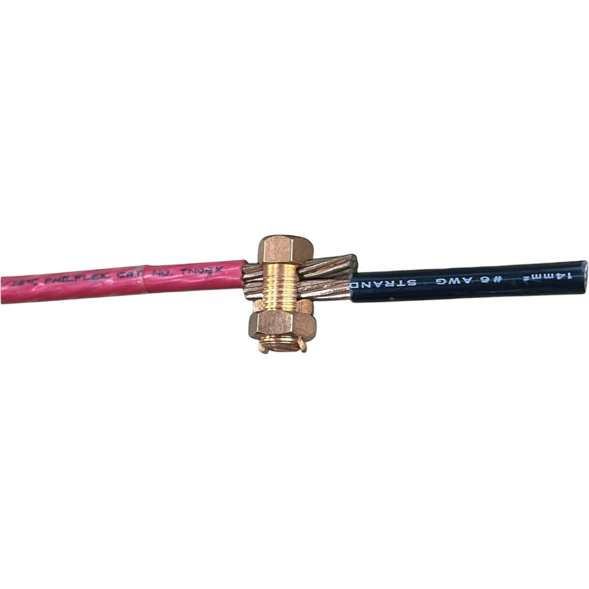 Brass connector with pink and blue cables on a white background