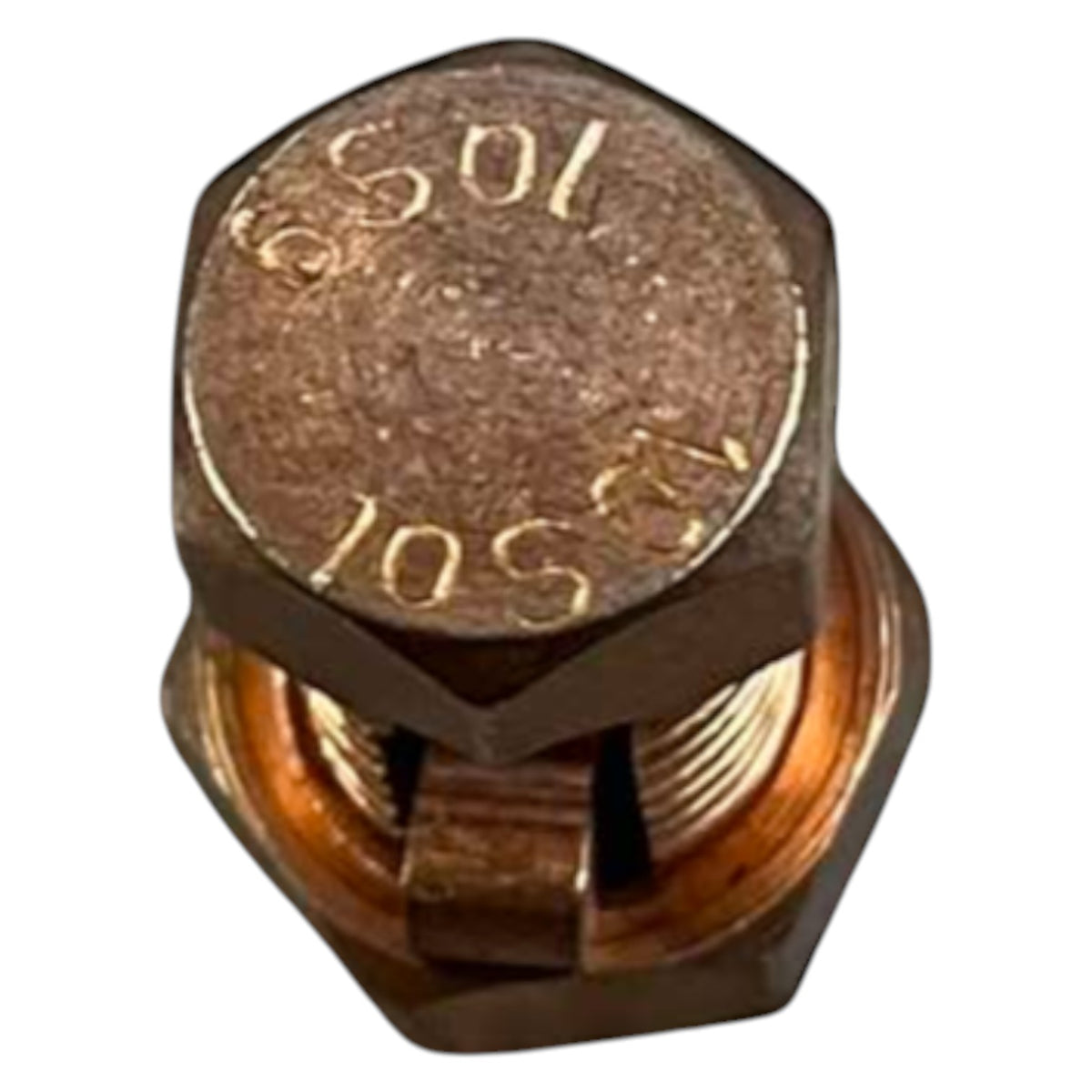 Bronze hexagonal bolt with engraved text on a white background