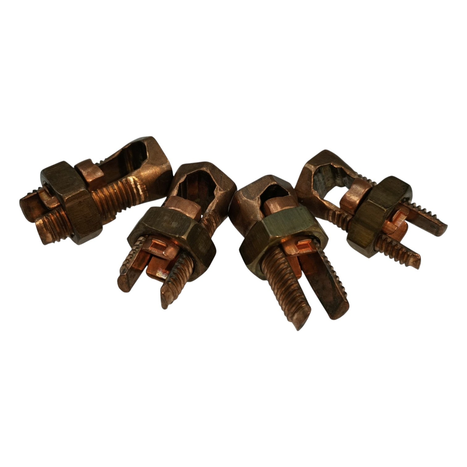 Set of rusty metal clamps on a white background
