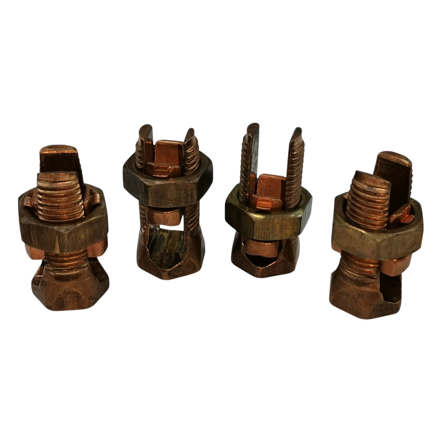Set of four brass-colored metal connectors on a white background