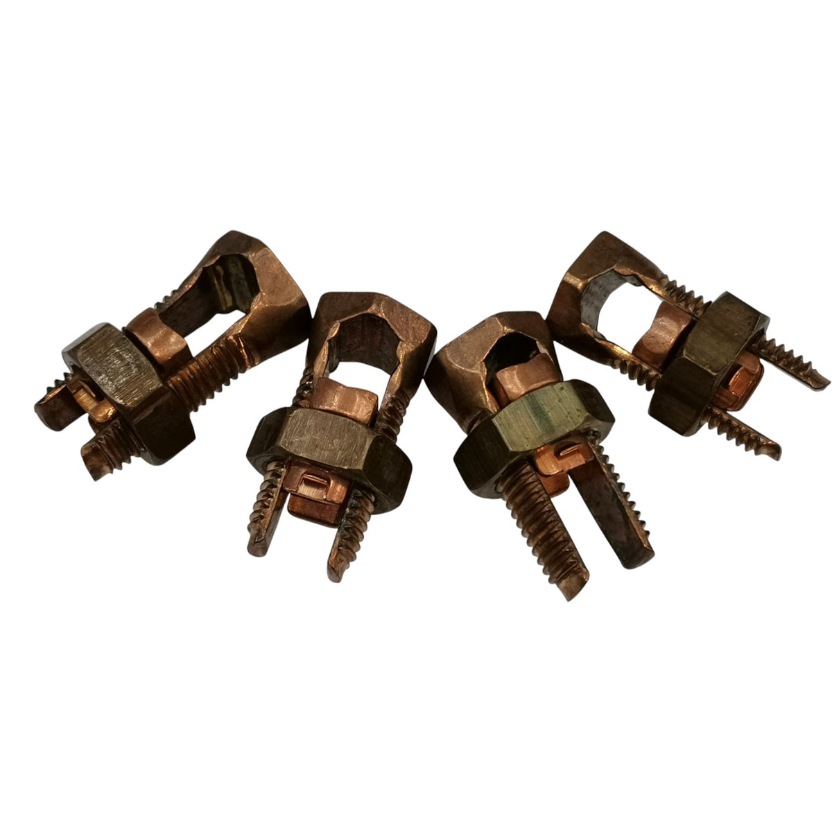 Four metal clamps on a white background