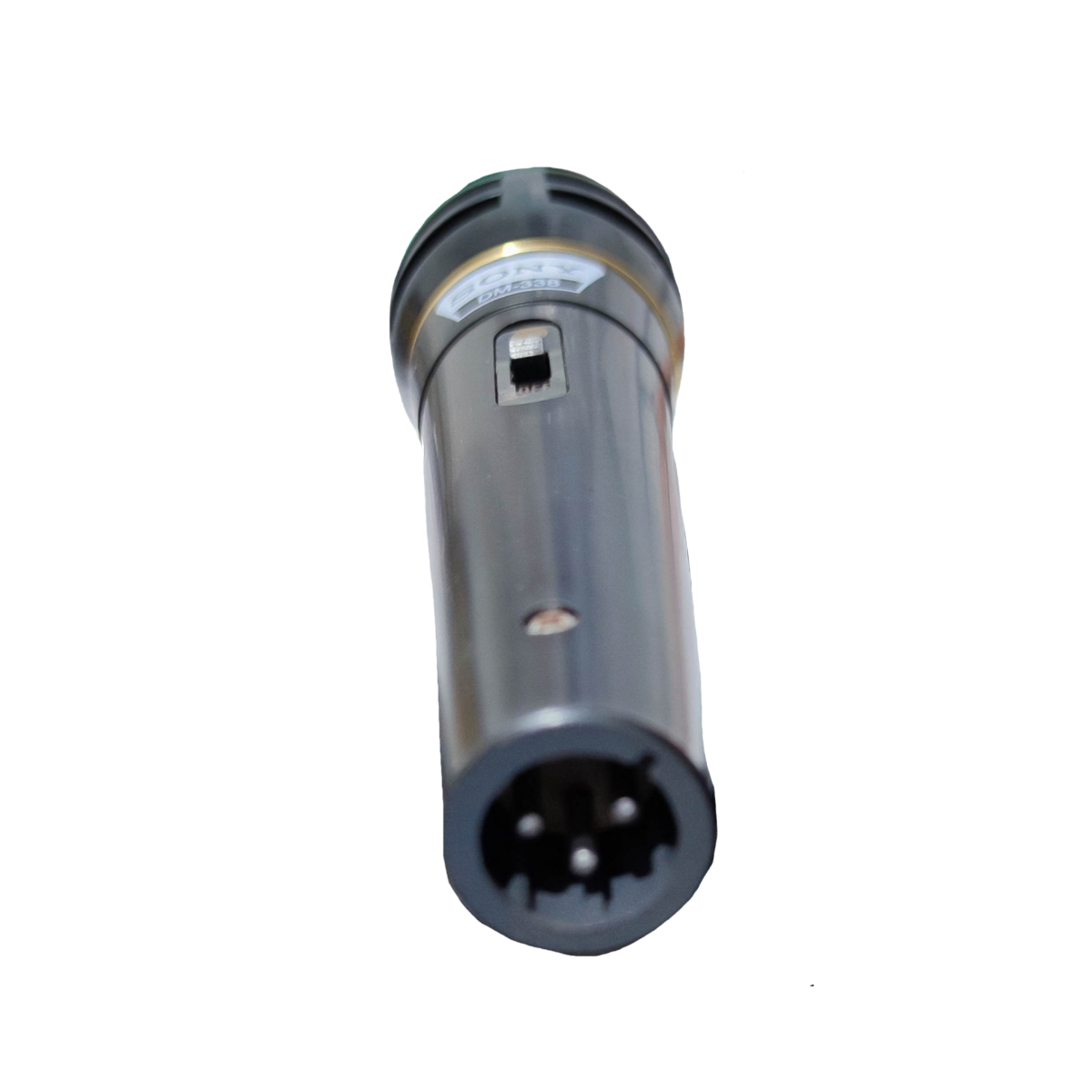 Sony microphone with microphone cord featuring a black metal body and XLR connector
