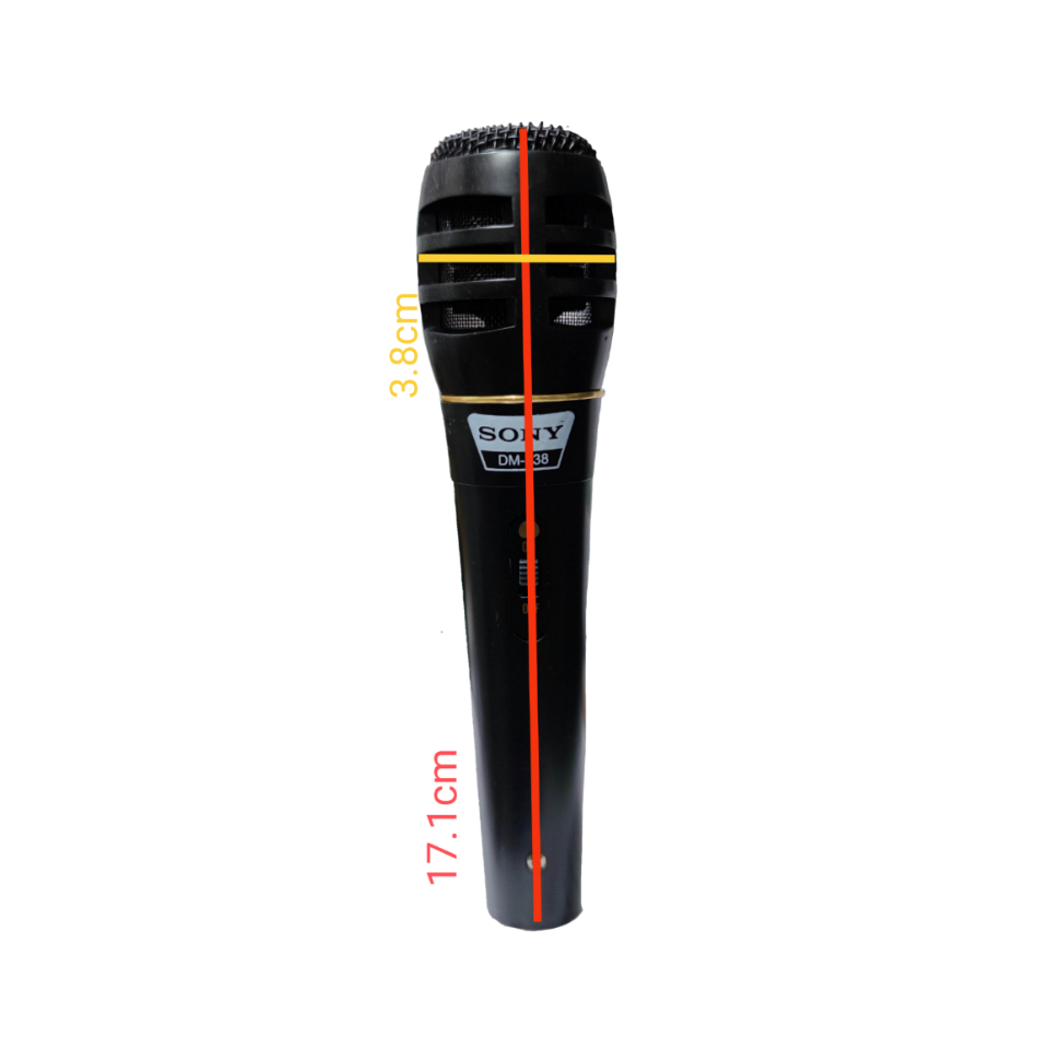 Sony DM-38 black microphone with microphone cord showing measurements against black background