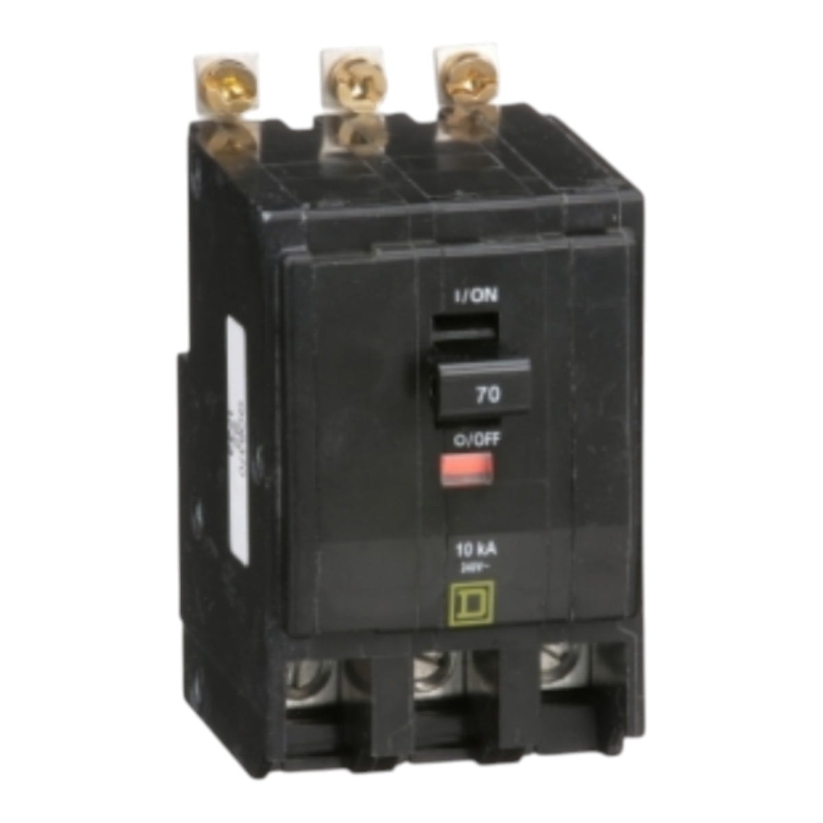 A black electrical circuit breaker with three gold-colored terminal screws on top and a front switch labeled 70 with O/I/FF markings, shown against a plain white background.