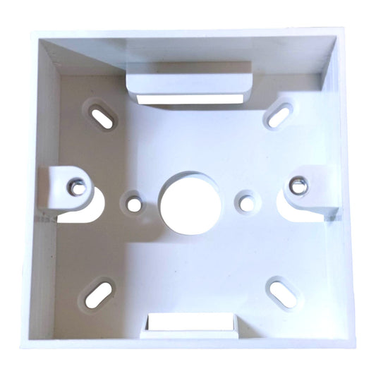 White plastic electrical junction box cover with mounting holes and cutouts, shown from a top-down perspective on a white background.