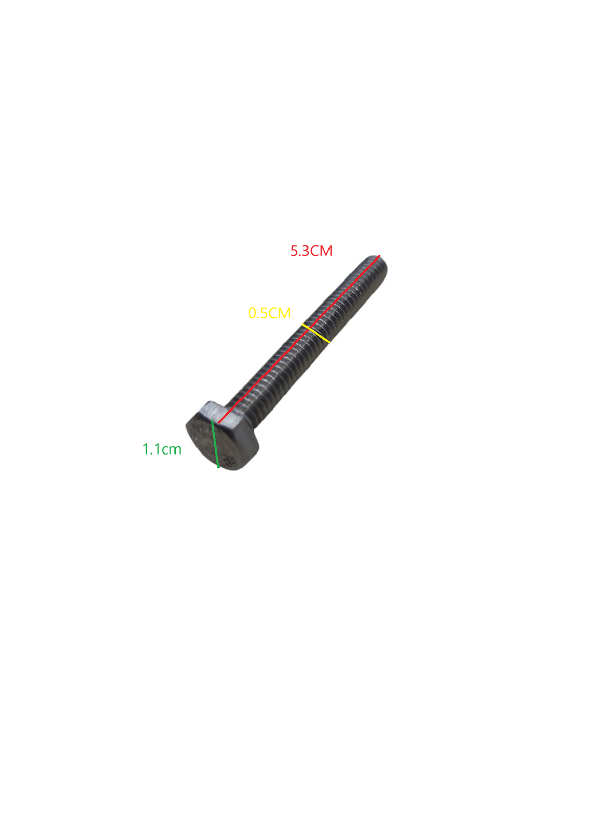 M10 stainless bolts for electrical use with hex head and precise measurements on white background