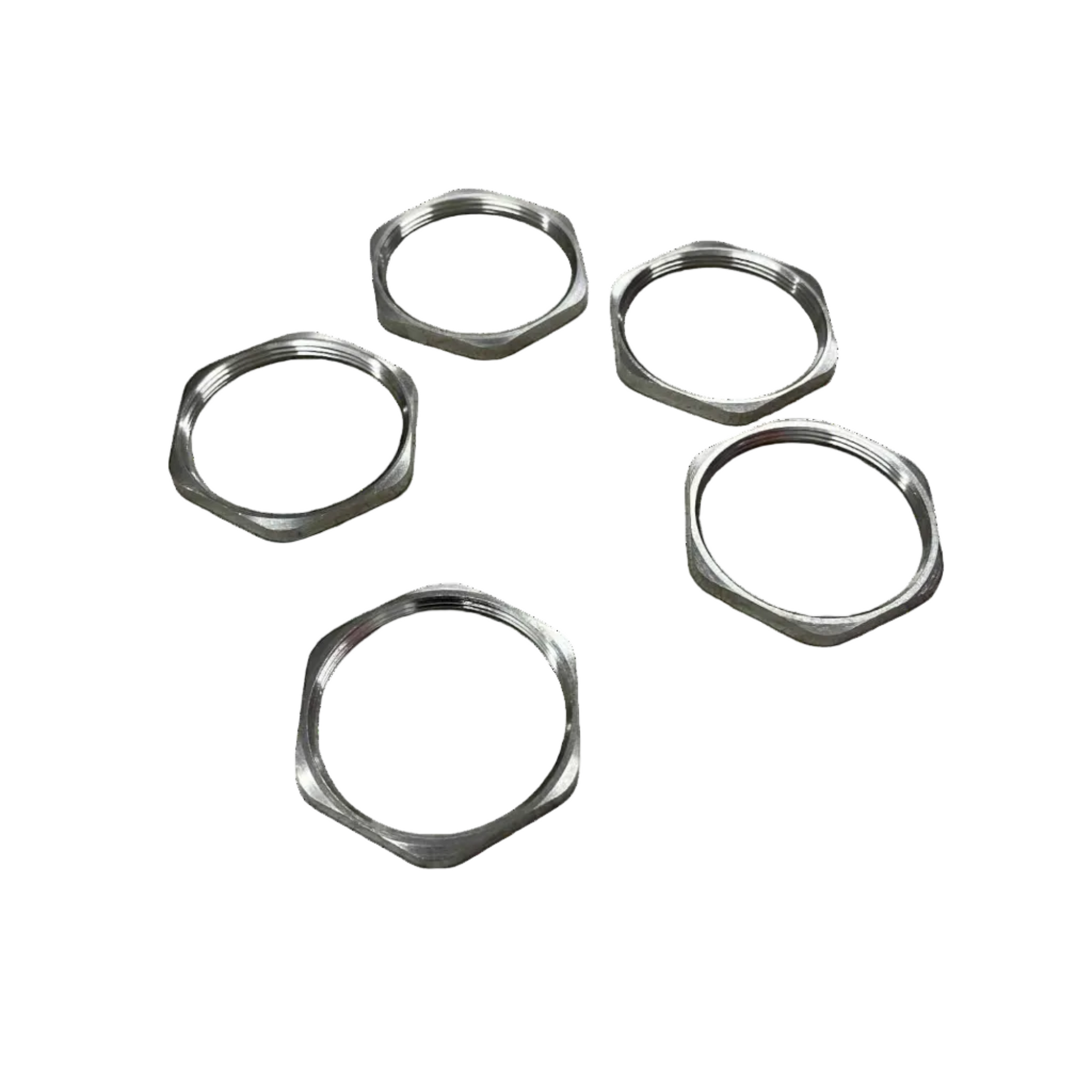 Five metallic hexagonal rings on a white background Stainless Lock Nut 48mm Inner Thread 5m Electx Electrical SUpplym Thickness Electx Electrical Supply
