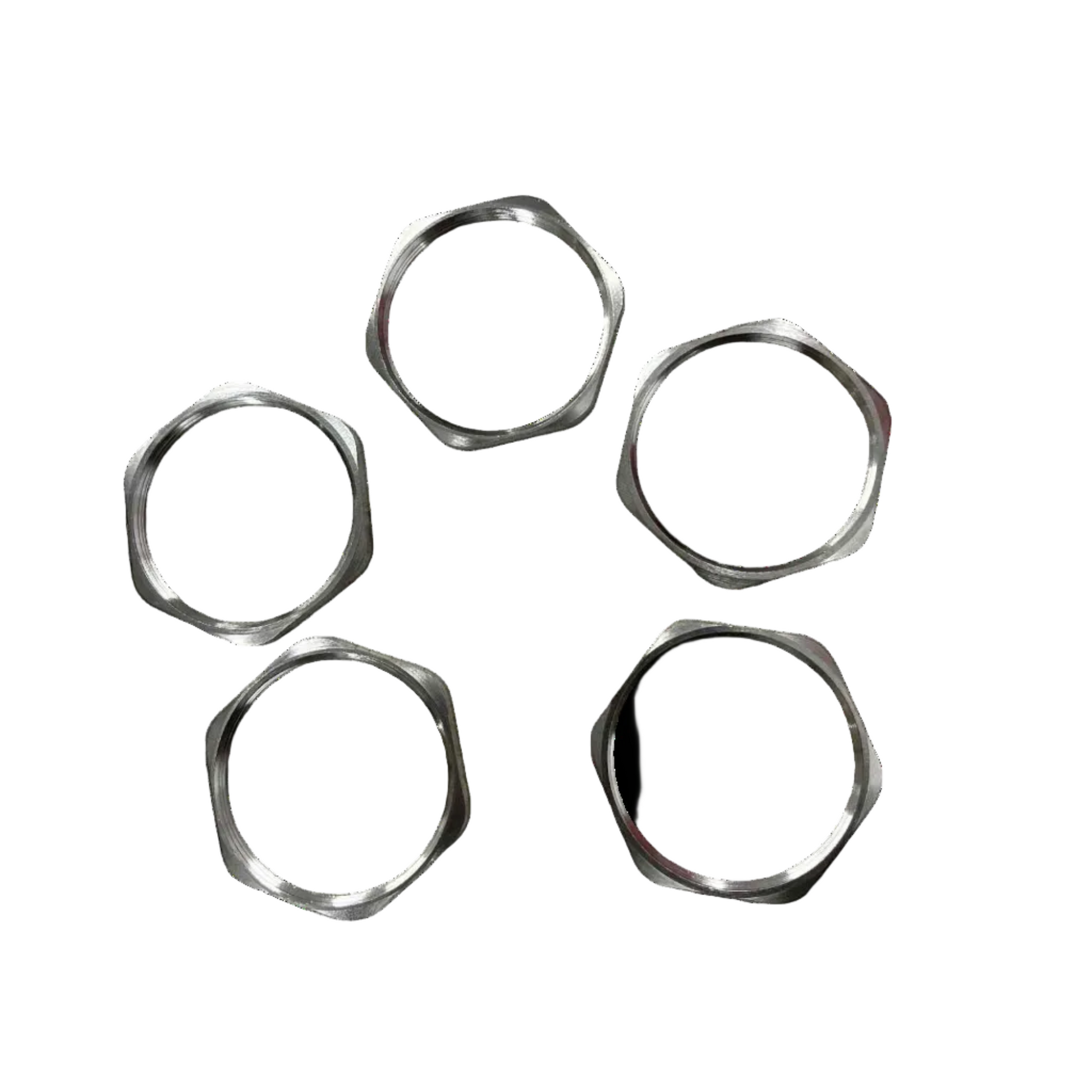 Five metallic rings of different sizes on a white background Stainless Lock Nut 48mm Inner Thread 5m Electx Electrical SUpplym Thickness Electx Electrical Supply