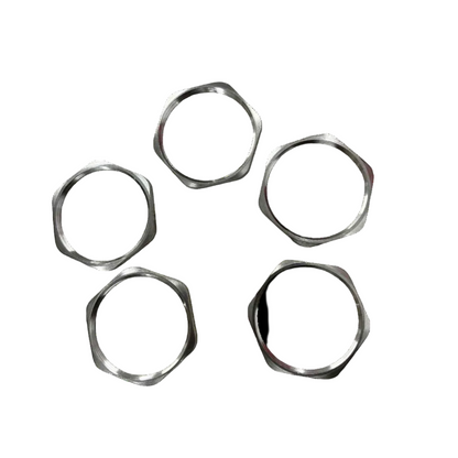 Five metallic rings of different sizes on a white background Stainless Lock Nut 48mm Inner Thread 5m Electx Electrical SUpplym Thickness Electx Electrical Supply