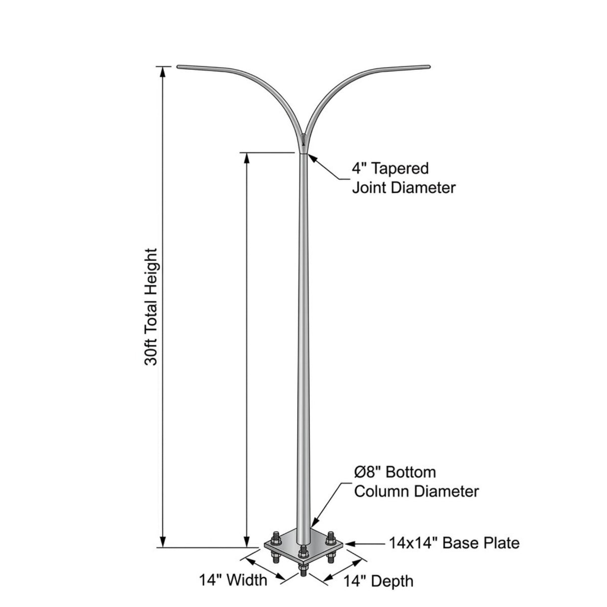 Technical dimension diagram of a 30-foot curved metal street light pole, showing measurements for total height, tapered joint diameter, bottom column diameter, base plate dimensions, and pole width.