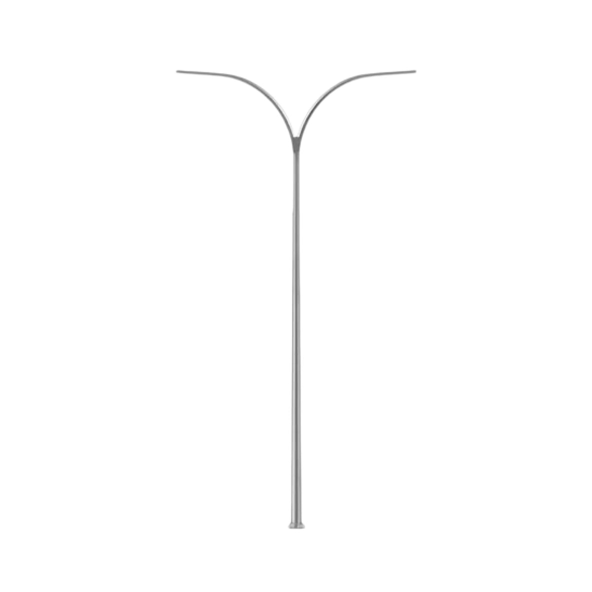 A modern two-arm street light pole with a slim, curved Y-shaped design, shown against a plain white background.