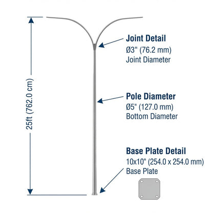 Technical dimension diagram of a modern curved street light pole with labeled measurements for joint diameter, pole diameter, and base plate detail on a white background.
