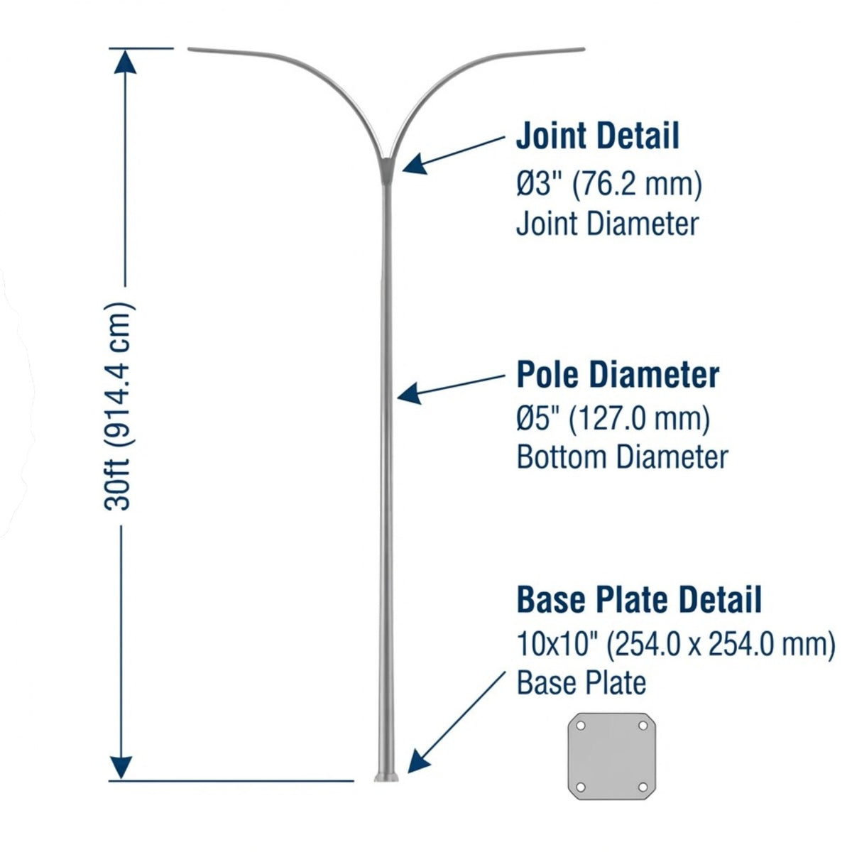 Technical dimension diagram of a three-arm street light pole, showing measurements for joint diameter, pole diameter, and base plate detail on a white background.