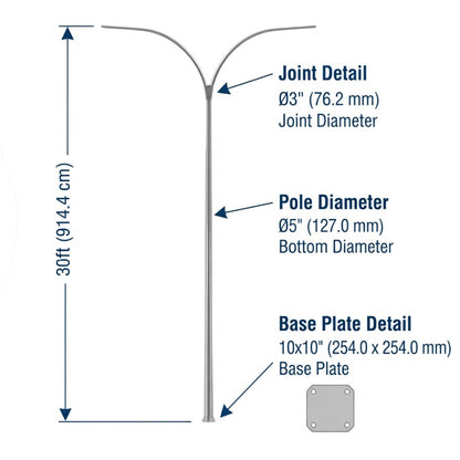 Technical dimension diagram of a three-arm street light pole, showing measurements for joint diameter, pole diameter, and base plate detail on a white background.