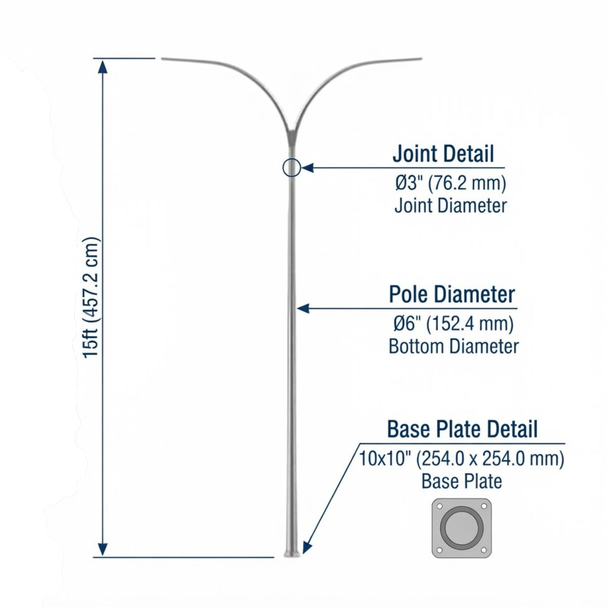 Technical dimension diagram of a modern double-arm street light pole, showing measurements for 15ft total height, pole diameter, joint diameter, and base plate details with labels on a white background.