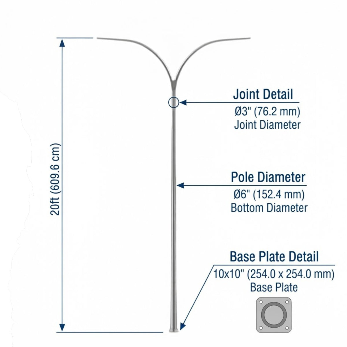 Technical dimension diagram of a two-armed metal street light pole on a white background, showing measurements for 20 ft height, pole diameter, joint diameter, and base plate detail with callout arrows and labels.