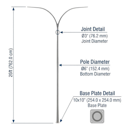 Technical dimension diagram of a curved overhead street light pole, showing a 25ft height, 6-inch pole diameter, 3-inch joint diameter, and base plate details with measurement callouts on a white background.