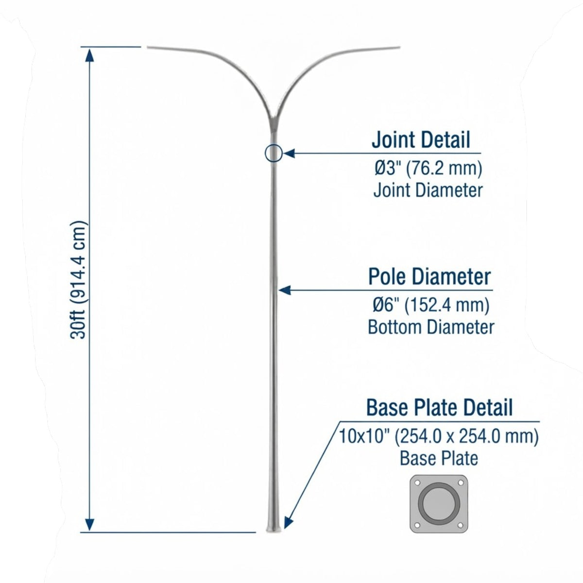 Technical dimension diagram of a two-branch metal pole with labeled measurements for joint detail diameter, pole diameter, and base plate size on a white background.