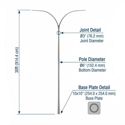 Technical dimension diagram of a two-branch metal pole with labeled measurements for joint detail diameter, pole diameter, and base plate size on a white background.