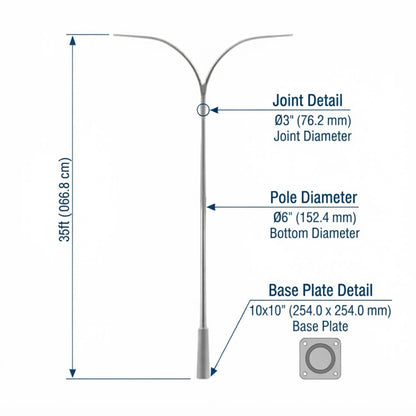 Technical dimension diagram of a double-arm metal street light pole, showing measurements for 35 ft height, pole diameter, joint diameter, and base plate detail on a white background.