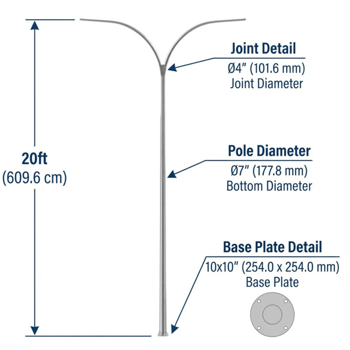 Technical dimension diagram of a two-arm metal pole with labeled measurements for joint diameter, pole diameter, and base plate detail on a white background.