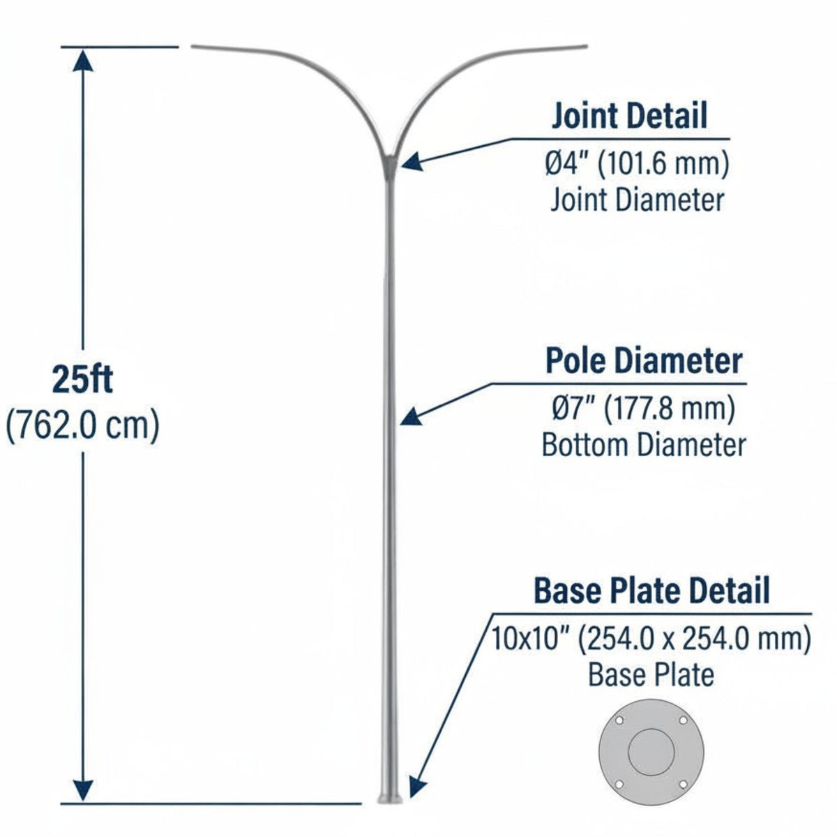 Technical dimension diagram of a 25-foot curved metal pole with labeled details for joint diameter, pole diameter, and base plate, shown on a white background.