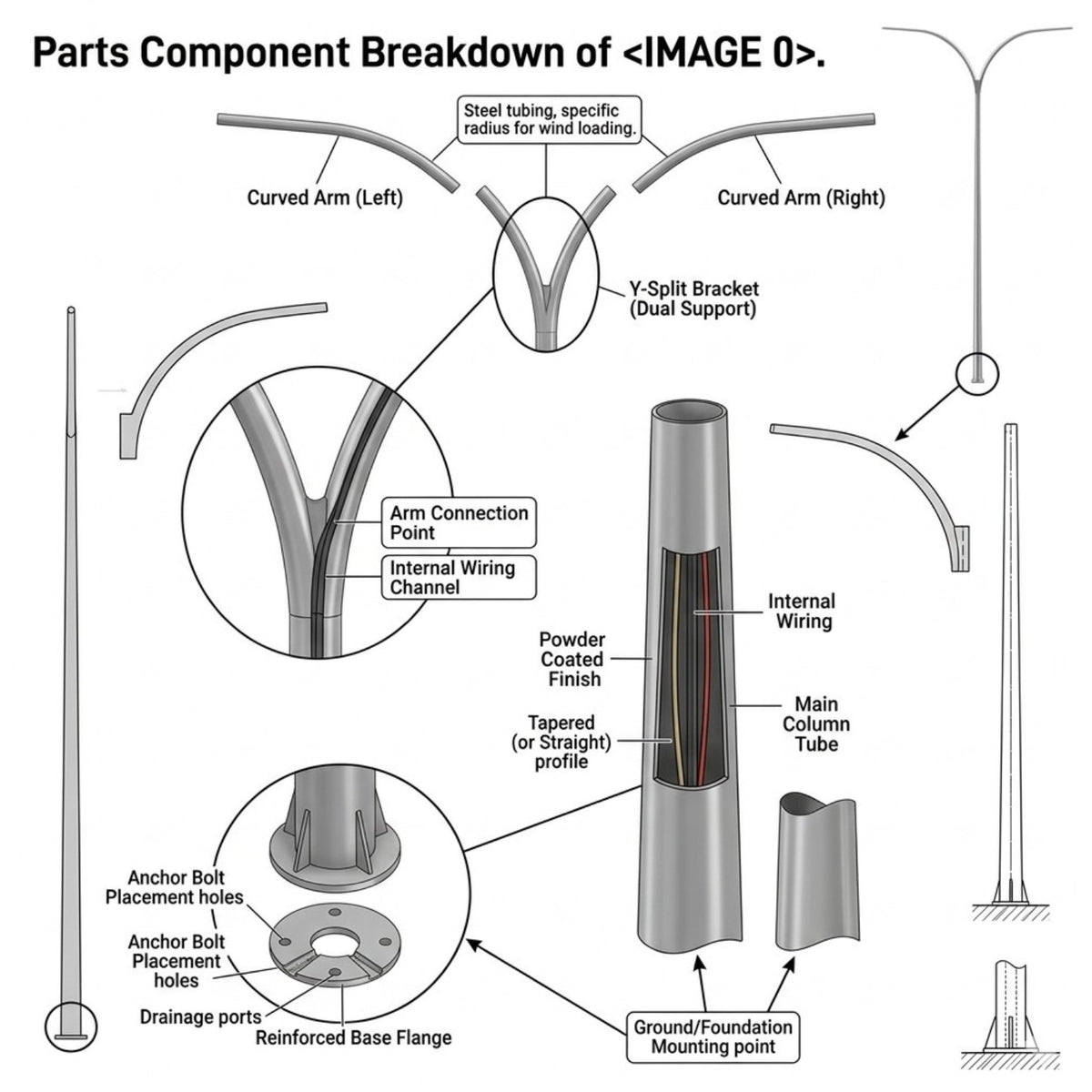 Technical parts component breakdown diagram of a curved arm light pole, showing labeled sections including the curved arm, Y-split bracket, internal wiring, tapered main column tube, ground/foundation mounting point, and anchor bolt placement details.