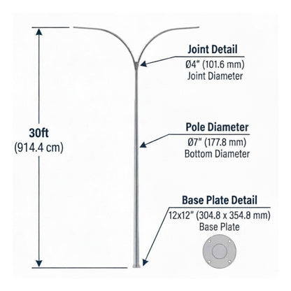Technical dimension diagram of a three-arm outdoor light pole, showing a 30-foot height, pole diameter of 7 inches, and base plate details with measurement labels on a white background.