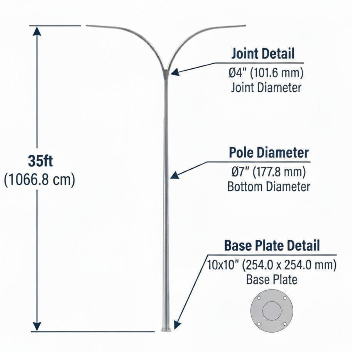 Technical dimension diagram of a double-arm metal pole light fixture, showing measurements for 35 ft height, pole diameter 07 inches, and base plate details on a white background.