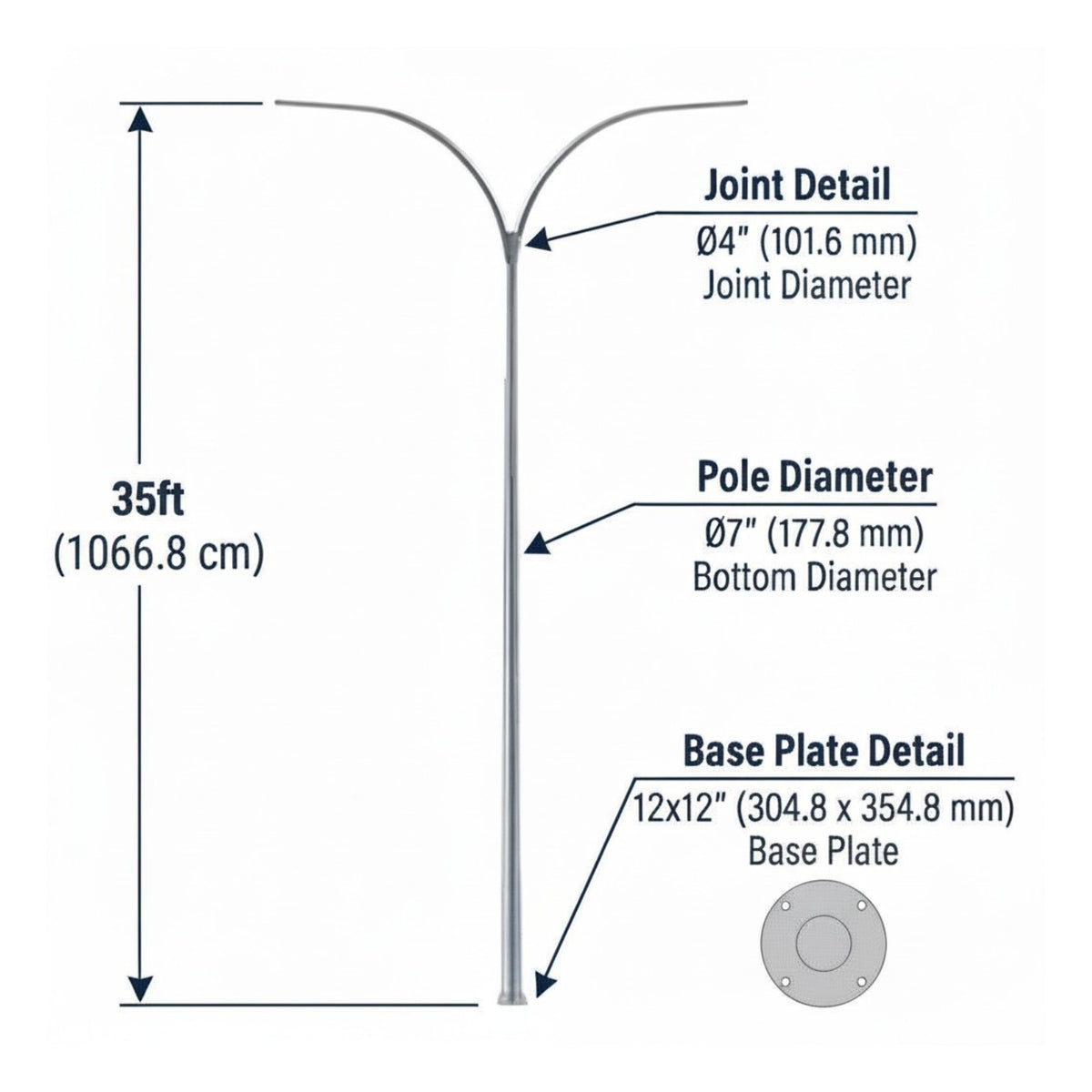 Technical dimension diagram of a 35-foot pole light fixture showing pole diameter, joint diameter, and base plate detail with measurement labels on a white background.
