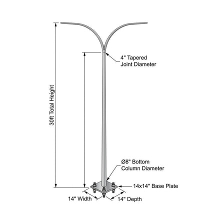 Technical dimension diagram of a 30-foot curved metal street light pole, showing measurements for total height, tapered joint diameter, bottom column diameter, base plate dimensions, and pole width.