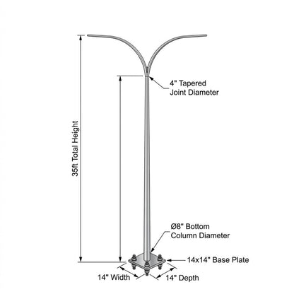 Technical dimension diagram of a 35ft total height curved modern outdoor light post, showing measurements for 4" tapered joint diameter, 8" bottom column diameter, 14" base plate dimensions, and 14" width on a white background.